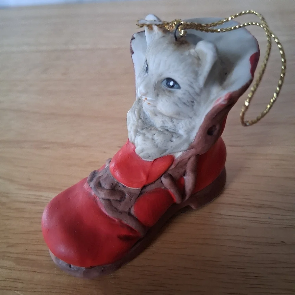 Gray Cat In Red Boot Christmas Ornament
